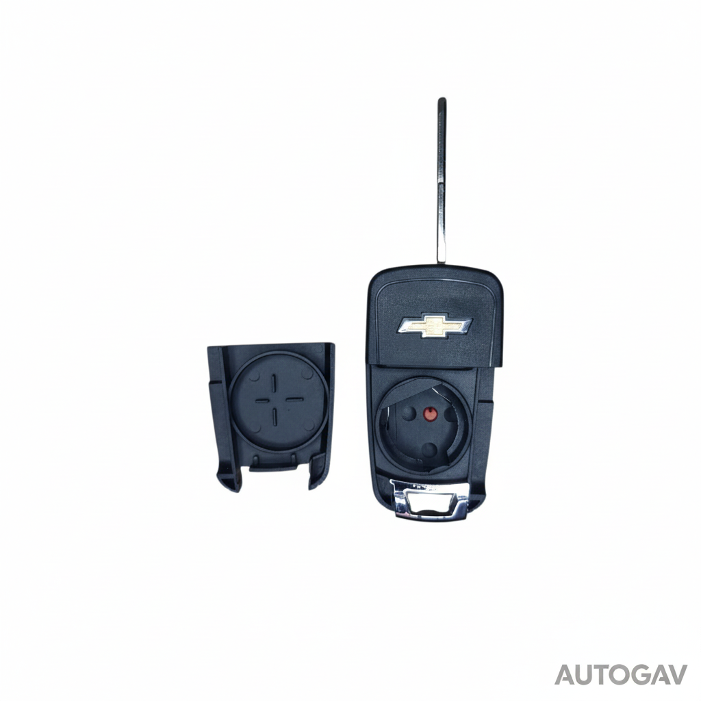 Carcasa llave Chevrolet desarmada mostrando tapa frontal con logo y compartimento de batería
