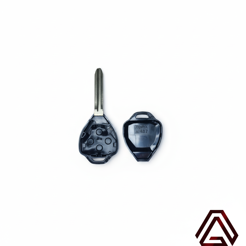 Carcasa llave Toyota desarmada mostrando componentes internos 2 botones de goma y mecanismo con logo